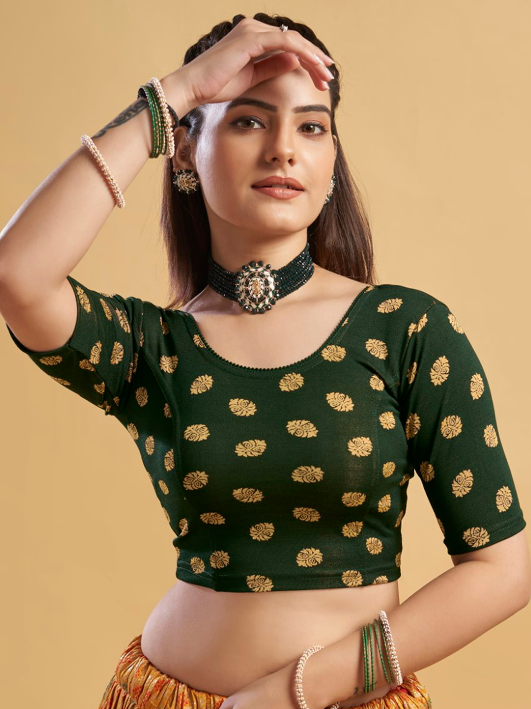 

HIMRISE Ethnic Printed Saree Blouse, Green