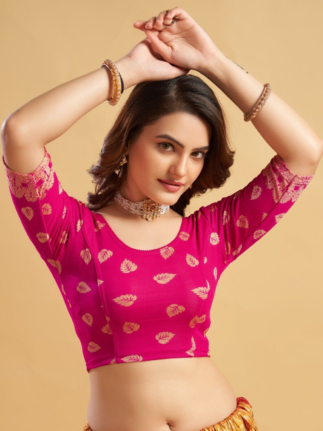 

HIMRISE Printed Round Neck Saree Blouse, Pink