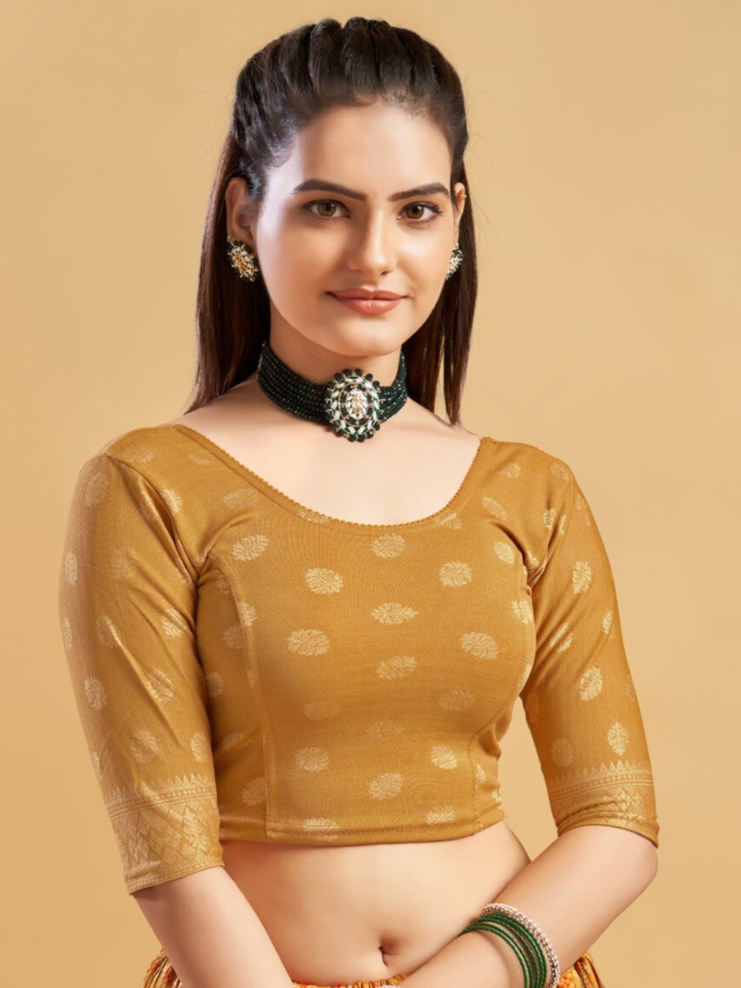 

HIMRISE Round Neck Printed Saree Blouse, Gold
