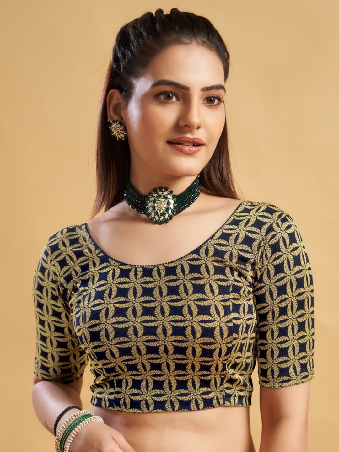 

HIMRISE Printed Ready To Wear Saree Blouse, Navy blue