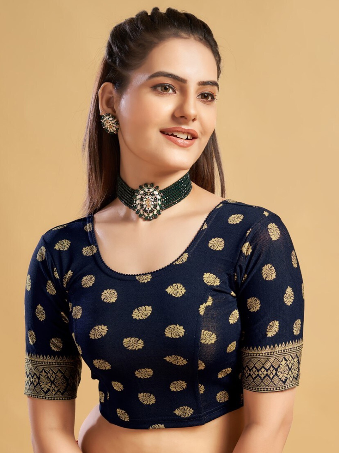 

HIMRISE Printed Woven Designed Saree Blouse, Navy blue