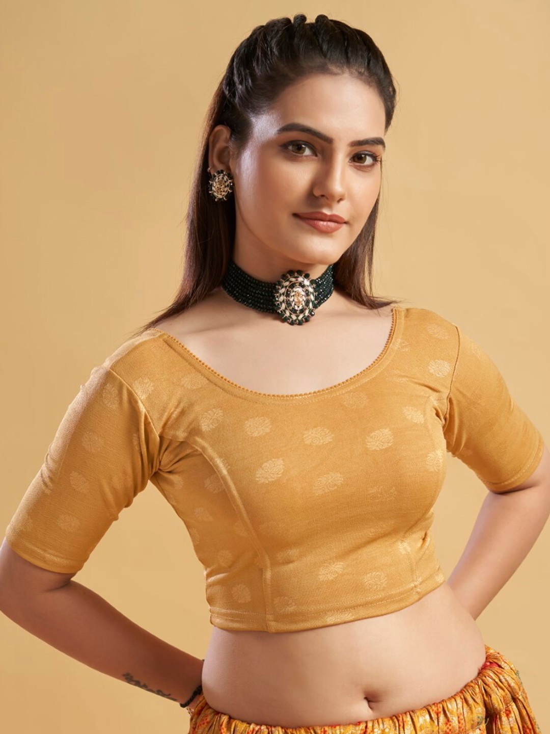 

HIMRISE Woven Design Ready To Wear Saree Blouse, Gold