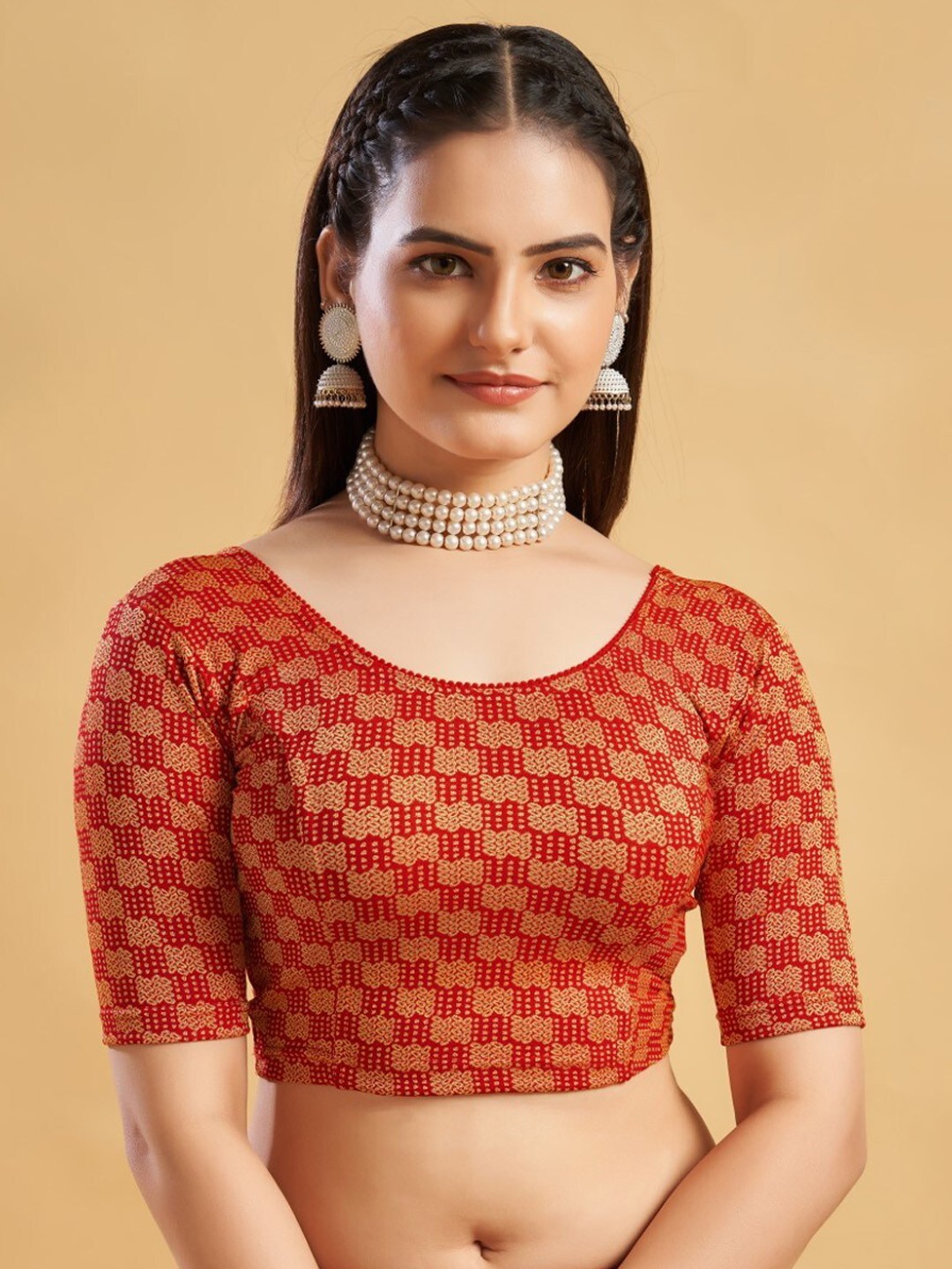 

HIMRISE Round Neck Printed Saree Blouse, Red