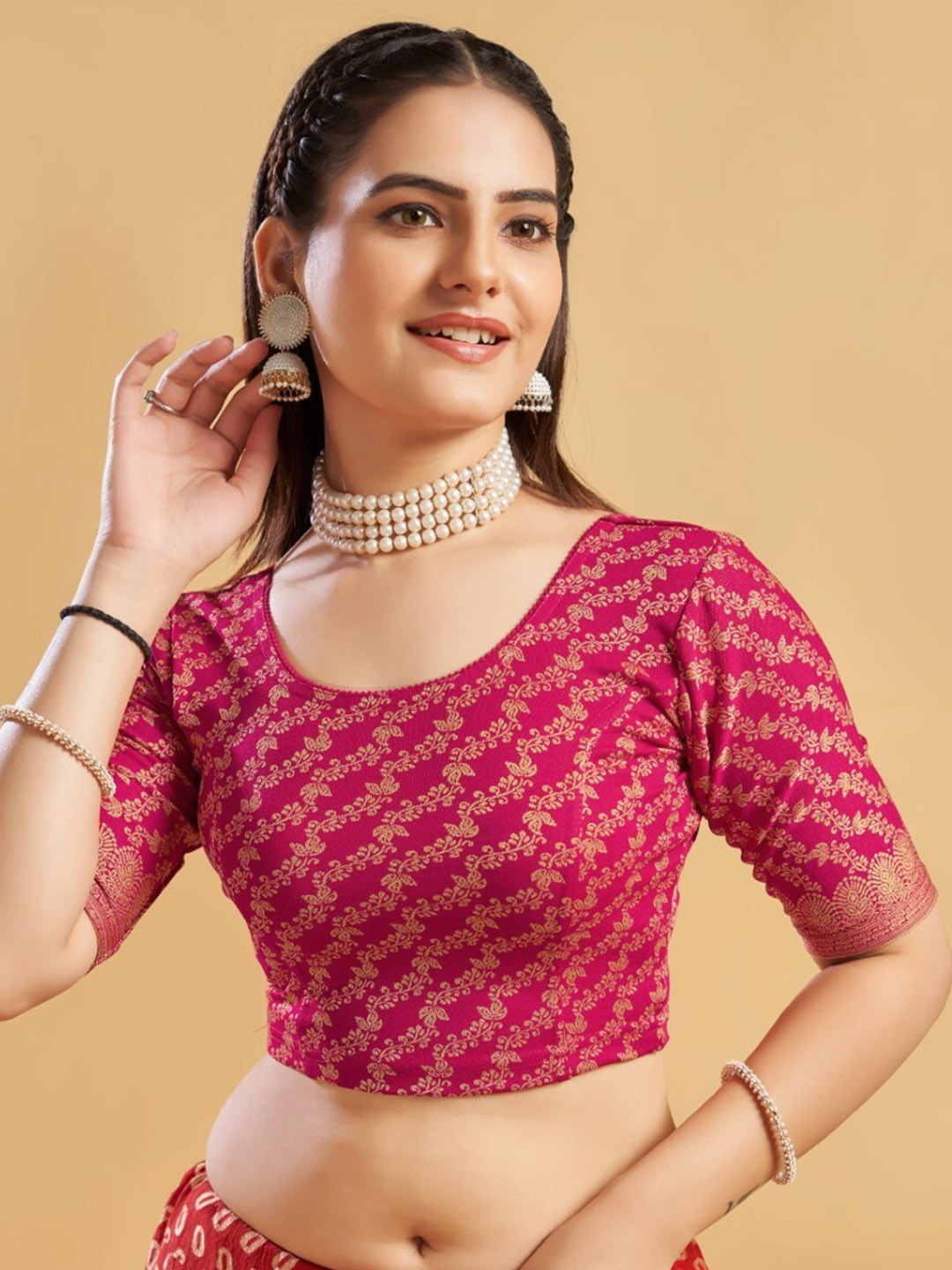 

HIMRISE Printed Ready To Wear Saree Blouse, Pink
