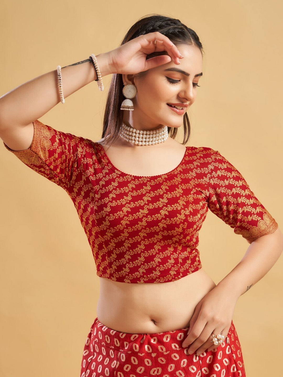 

HIMRISE Round Neck Printed Saree Blouse, Red