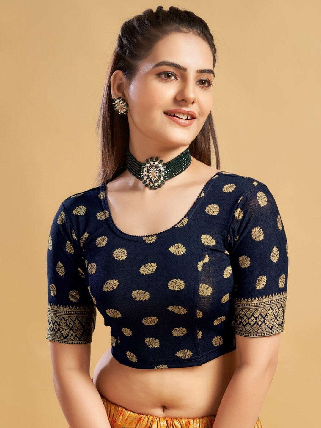 

HIMRISE Woven Design Ready To Wear Saree Blouse, Navy blue