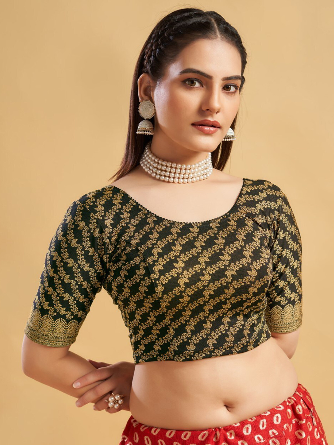 

HIMRISE Printed Round Neck Saree Blouse, Black