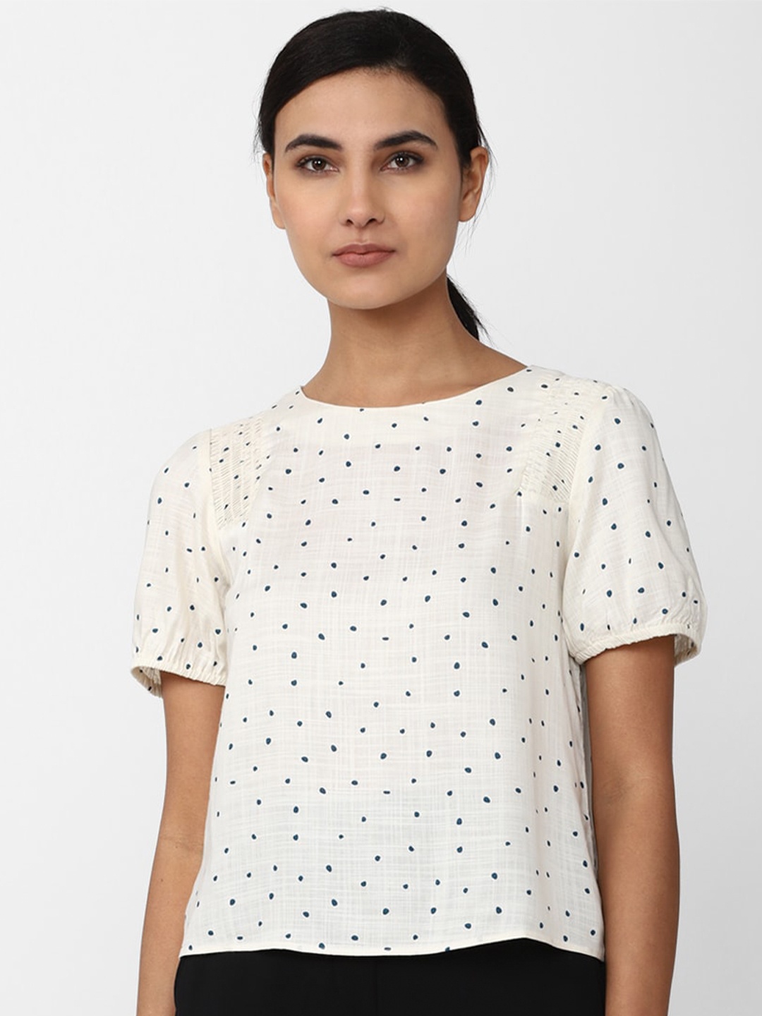 

Van Heusen Woman Polka Dots Smocking Formal Top, Cream