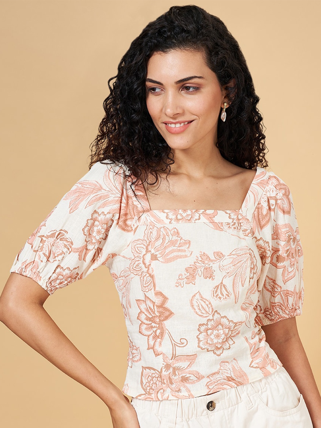 

Honey by Pantaloons Floral Printed Puff Sleeves Top, Off white