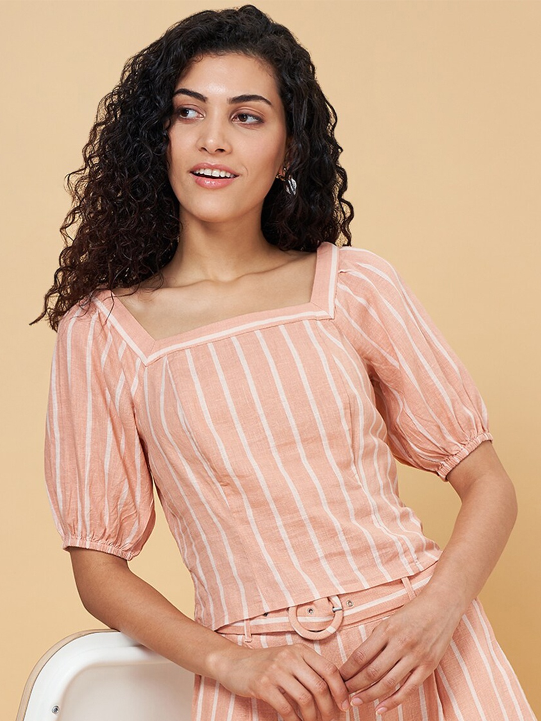 

Honey by Pantaloons Striped Square Neck Puff Sleeves Top, Peach
