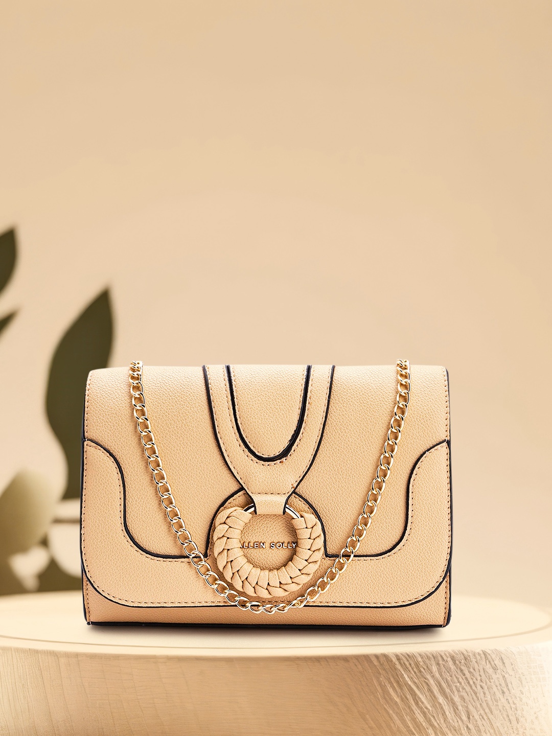 

Allen Solly Textured PU Regular Structured Sling Bag With Buckle Detail, Nude