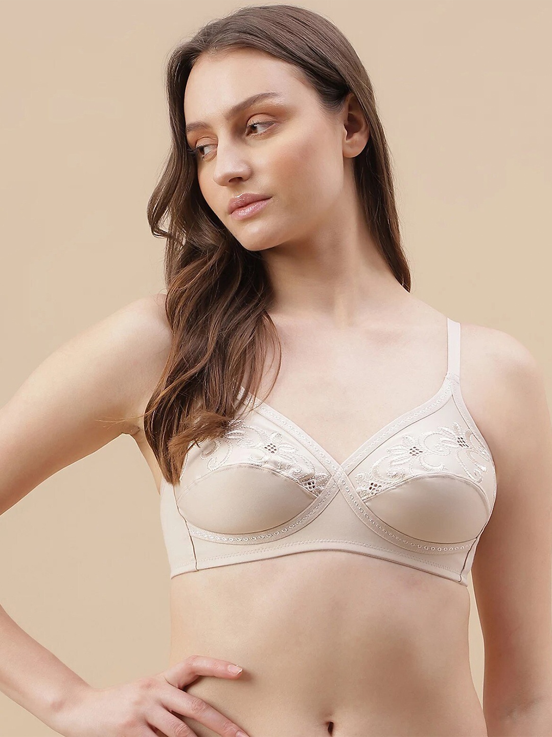 

Marks & Spencer Floral Embroidered Non Padded Medium Coverage All Day Comfort Everyday Bra, Beige