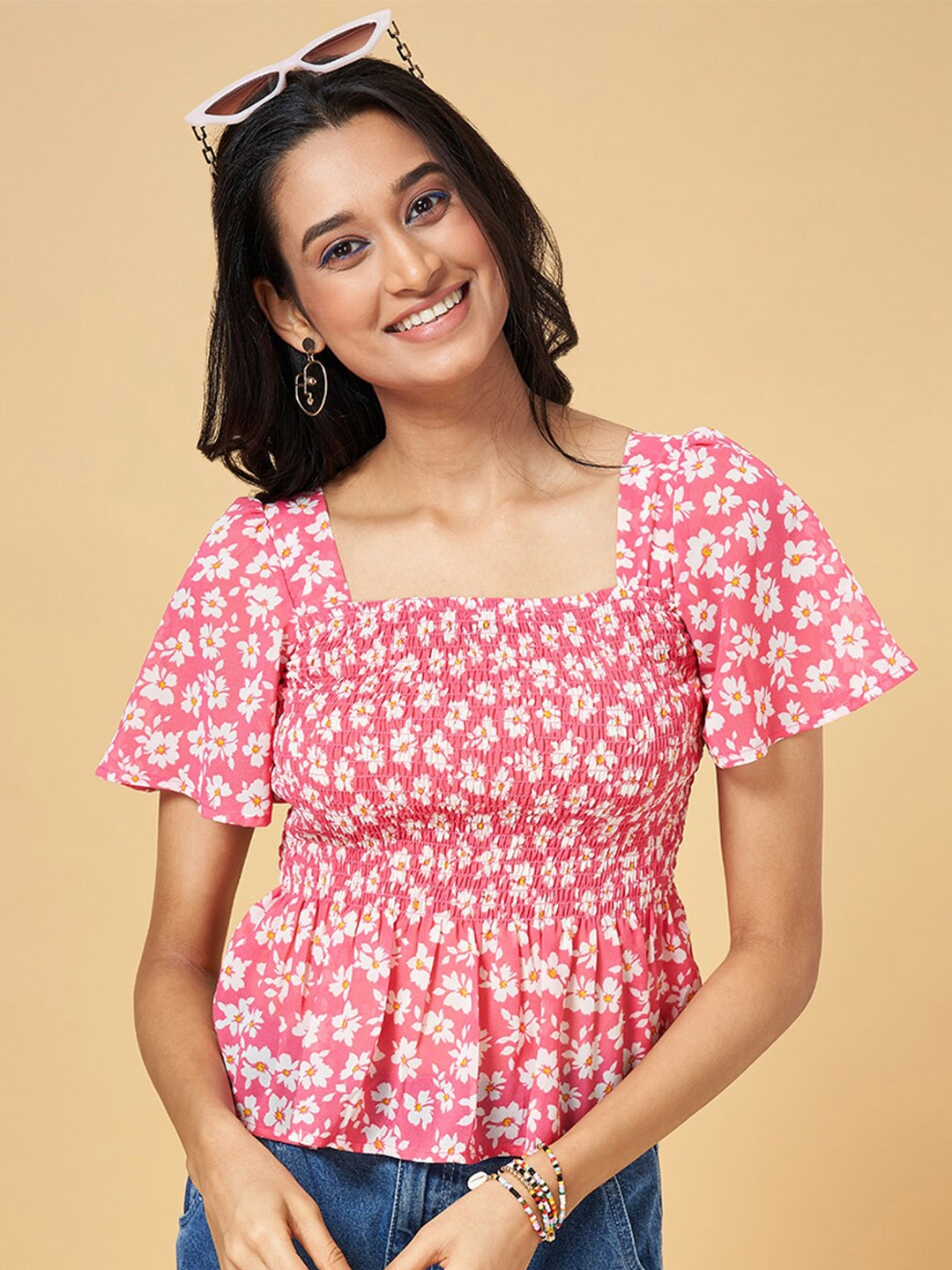 

People Pink Square Neck Floral Printed Flared Sleeves Smocking Empire Top