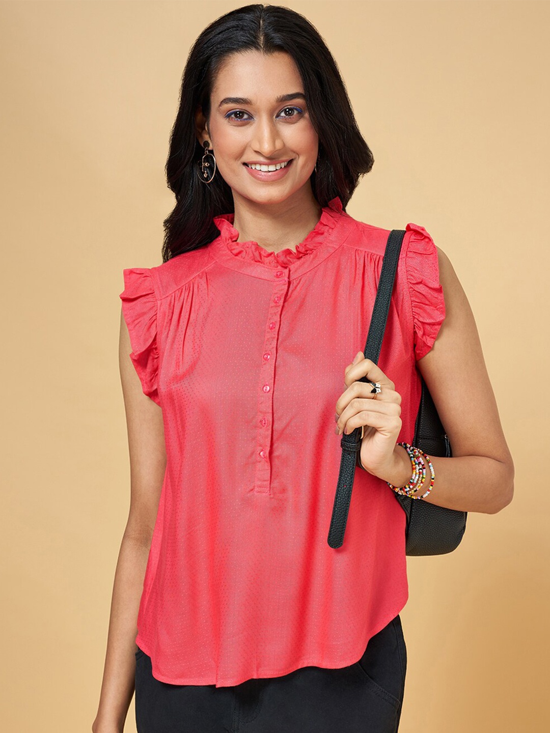 

People Pink Mandarin Collar Shirt Style Top
