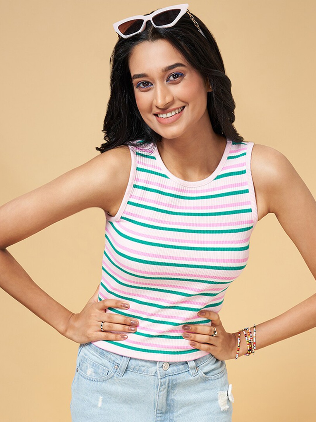 

People Pink & White Striped Sleeveless Cotton Regular Top