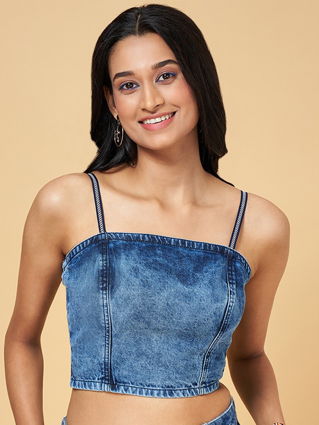 

People Blue Shoulder Straps Cotton Fitted Crop Top