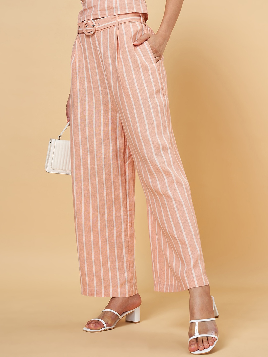 

Honey by Pantaloons Women Striped High-Rise Parallel Trousers, Peach