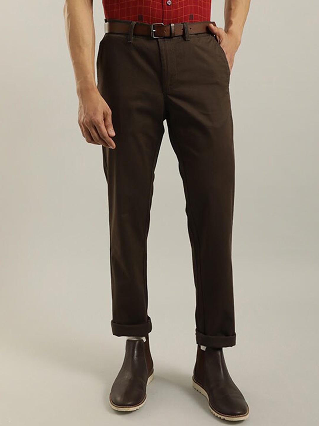 

Indian Terrain Men Mid-Rise Brooklyn Slim Fit Formal Trousers, Brown