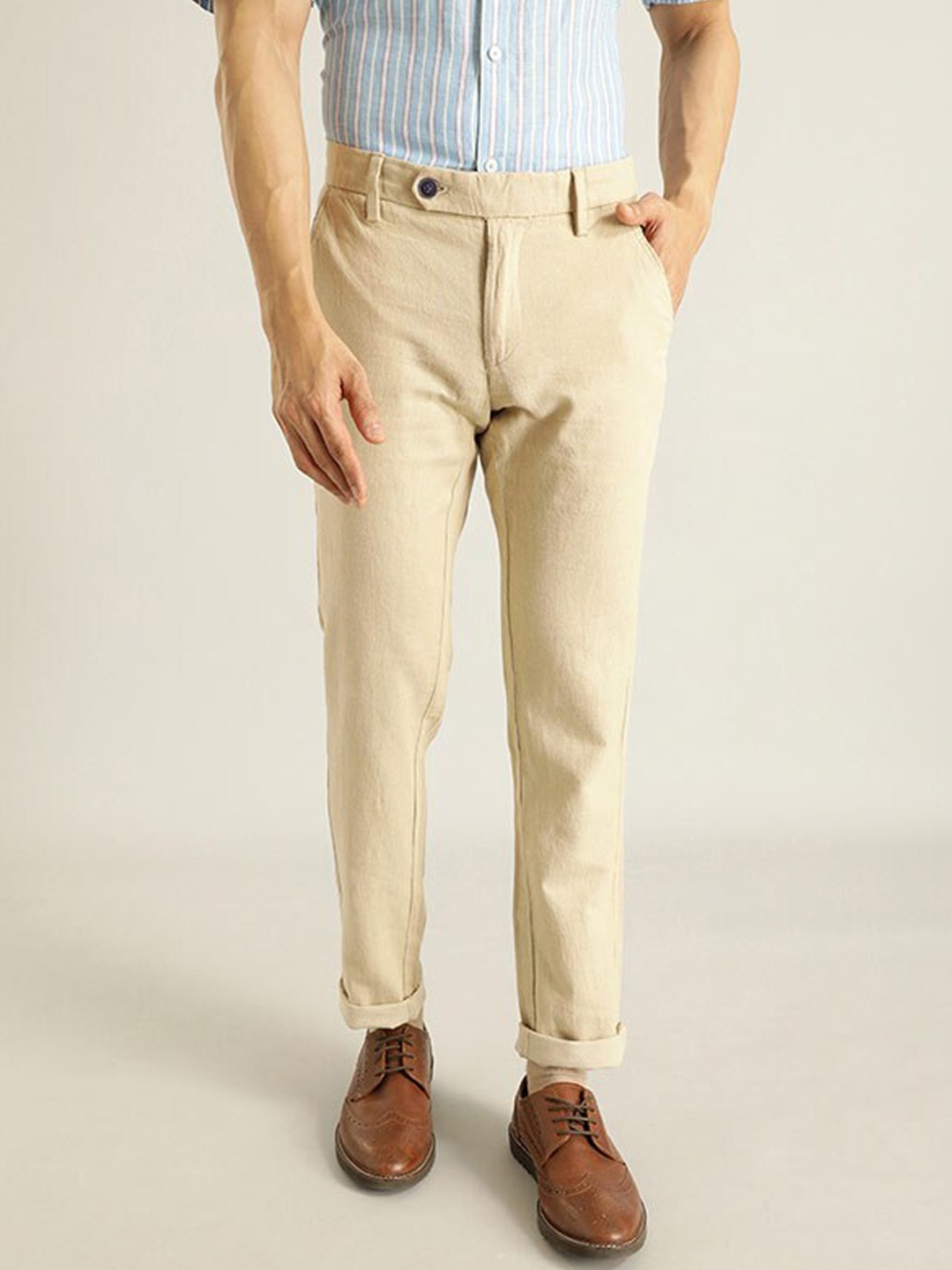 

Indian Terrain Men Brooklyn Slim Fit Casual Chinos Trousers, Cream