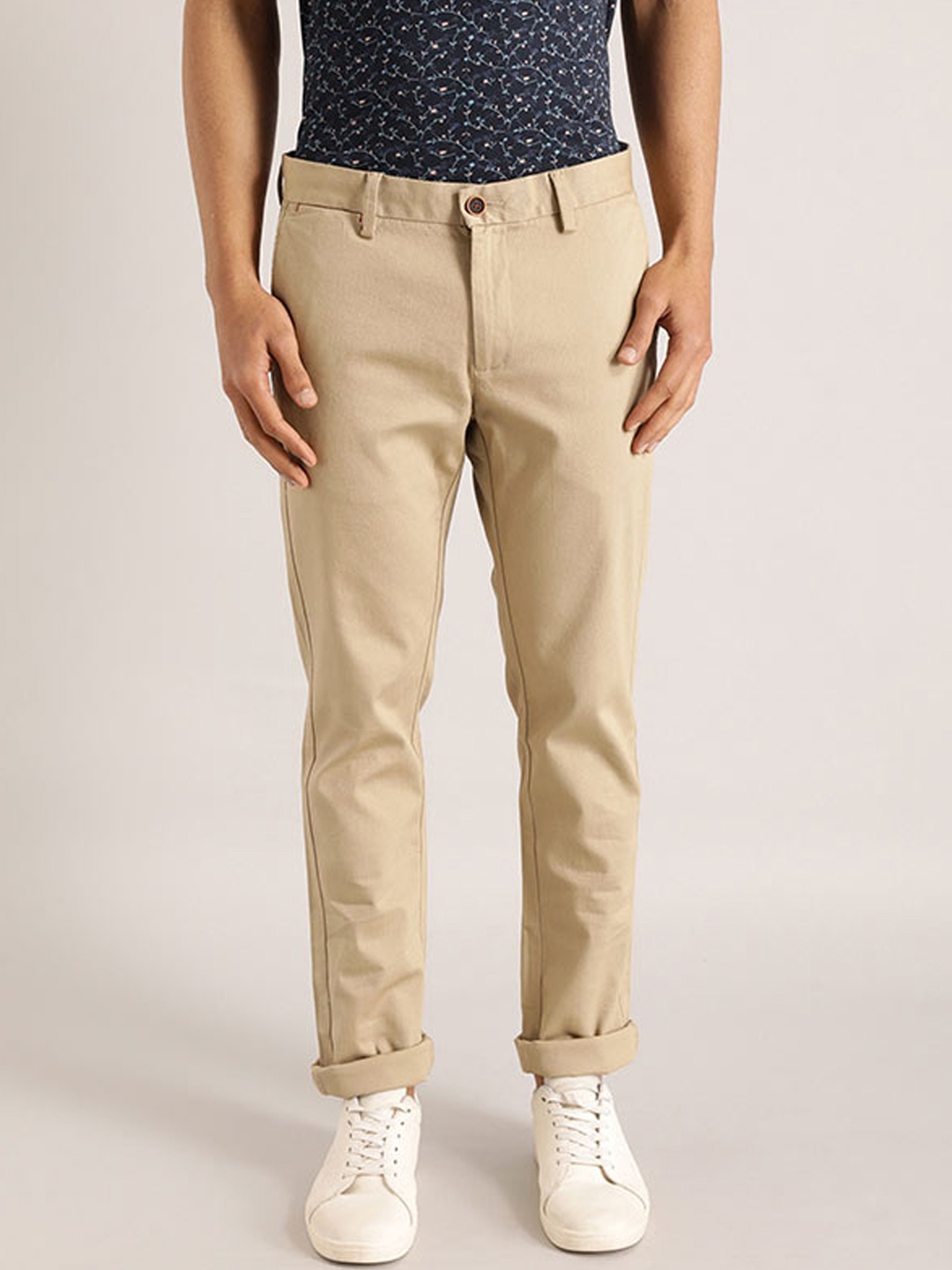 

Indian Terrain Men Self Design Brooklyn Slim Fit Cotton Trousers, Khaki