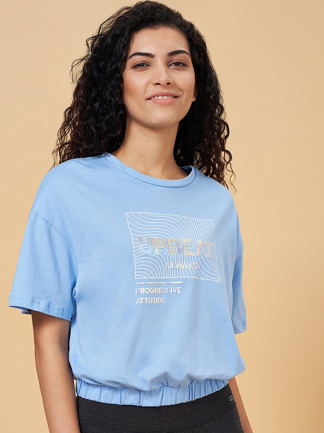 

Ajile by Pantaloons Typography Printed Drop Shoulder Sleeves Cotton T-shirt, Blue