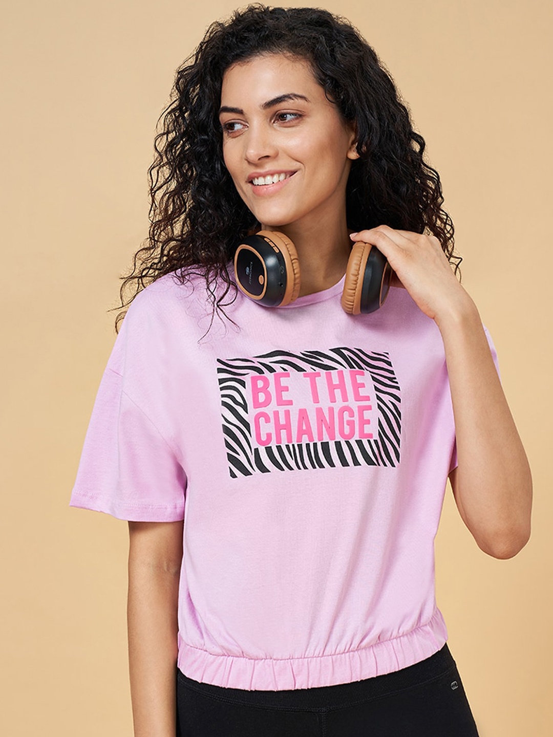 

Ajile by Pantaloons Typography Printed Cotton T-shirt, Pink