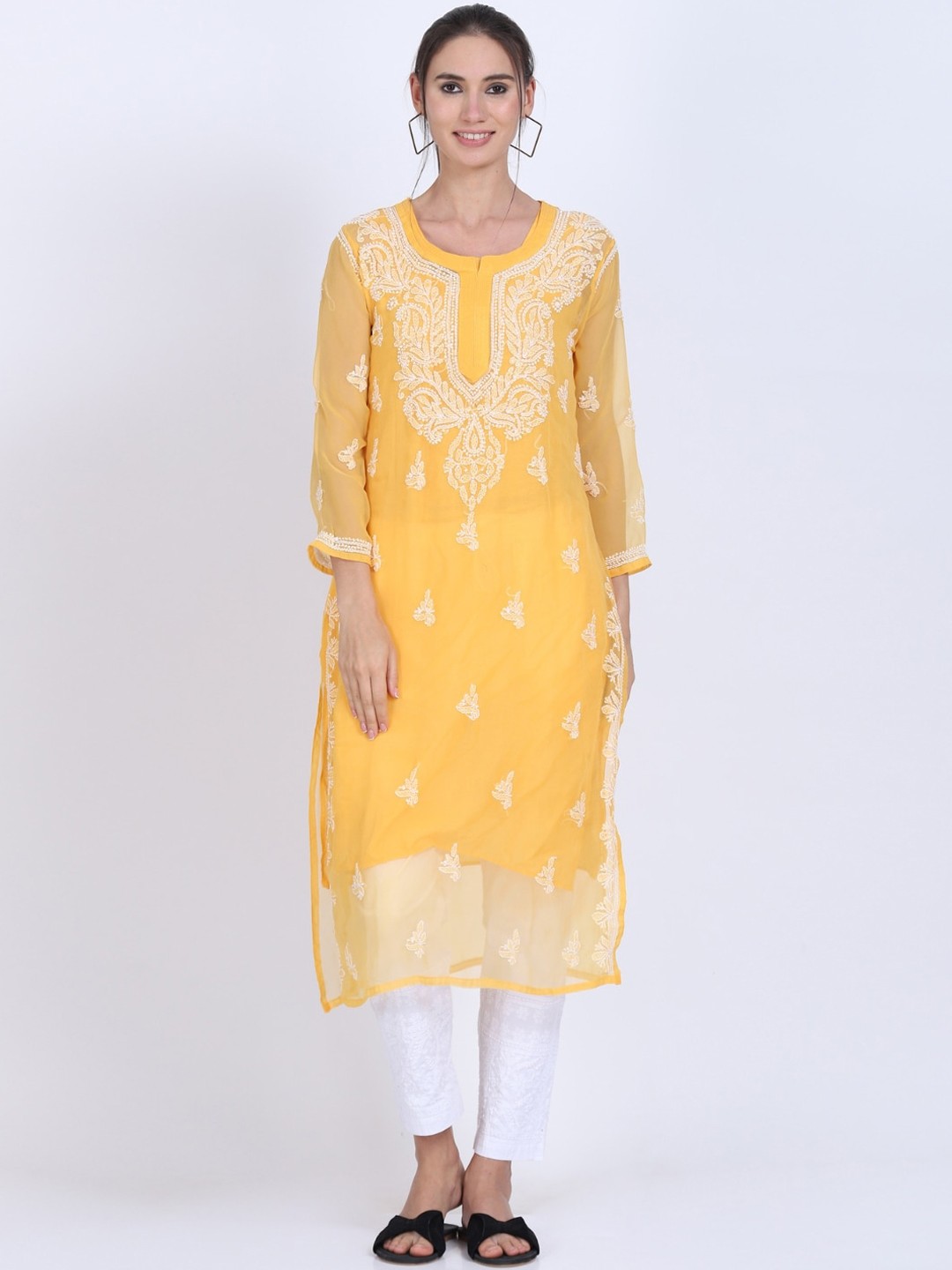 

PARAMOUNT CHIKAN Ethnic Motifs Embroidered Chikankari Kurta with Palazzos & Slip, Yellow