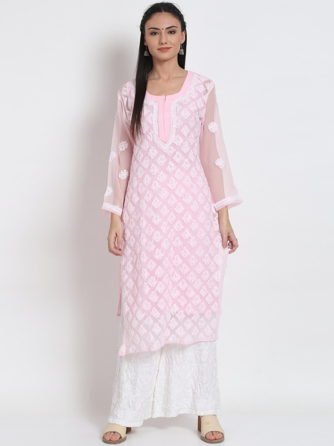 

PARAMOUNT CHIKAN Ethnic Motifs Embroidered Regular Chikankari Kurta with Palazzos & Slip, Pink