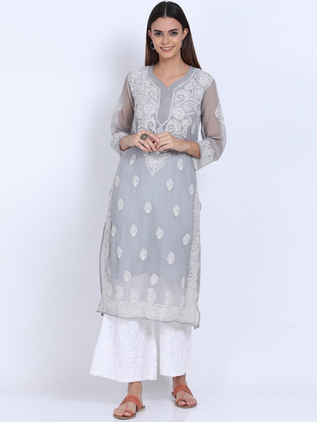 

PARAMOUNT CHIKAN Ethnic Motifs Embroidered Chikankari Kurta with Palazzos & Slip, Grey