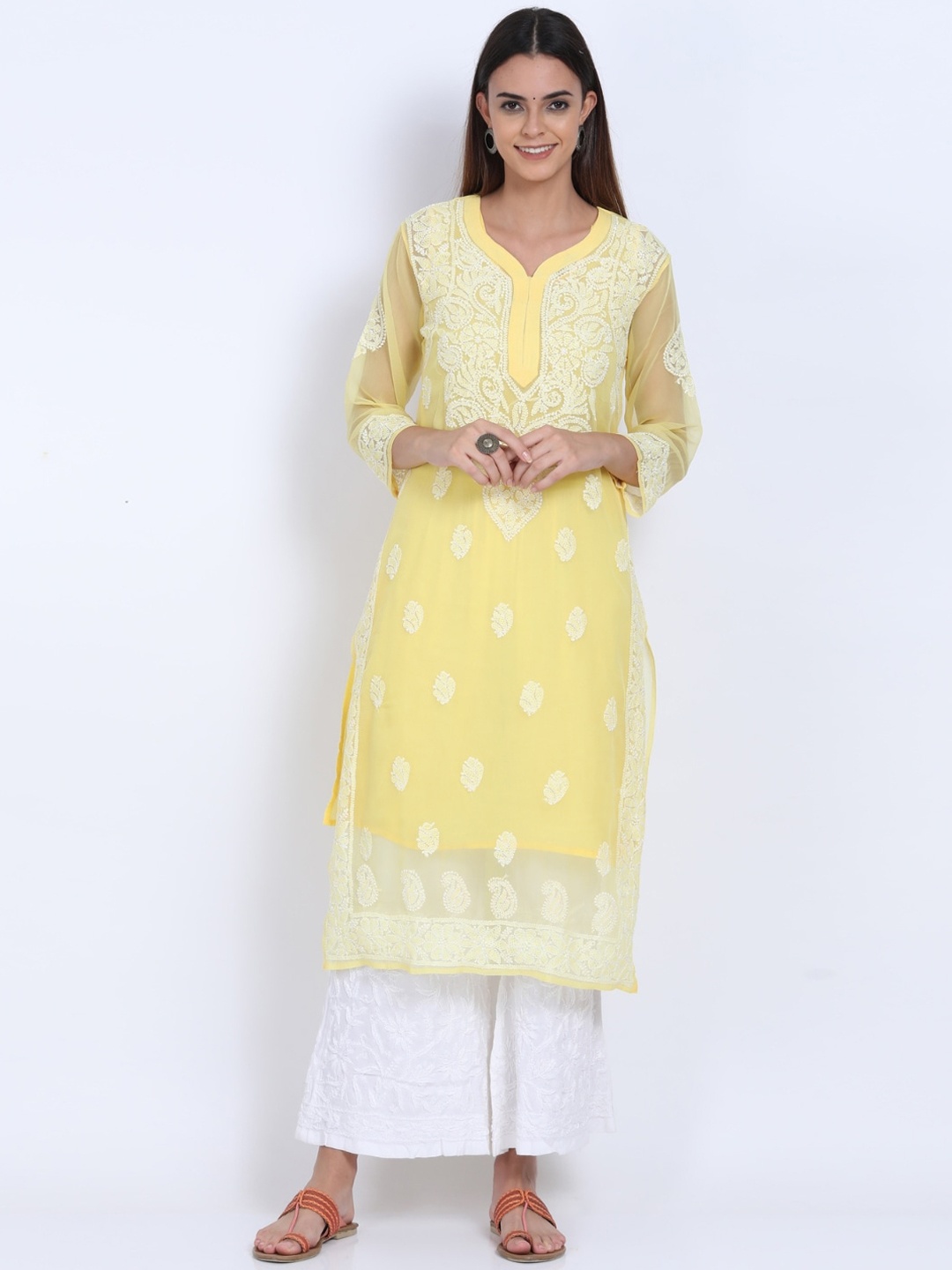 

PARAMOUNT CHIKAN Ethnic Motifs Embroidered Chikankari Georgette Kurta with Palazzos & Slip, Yellow