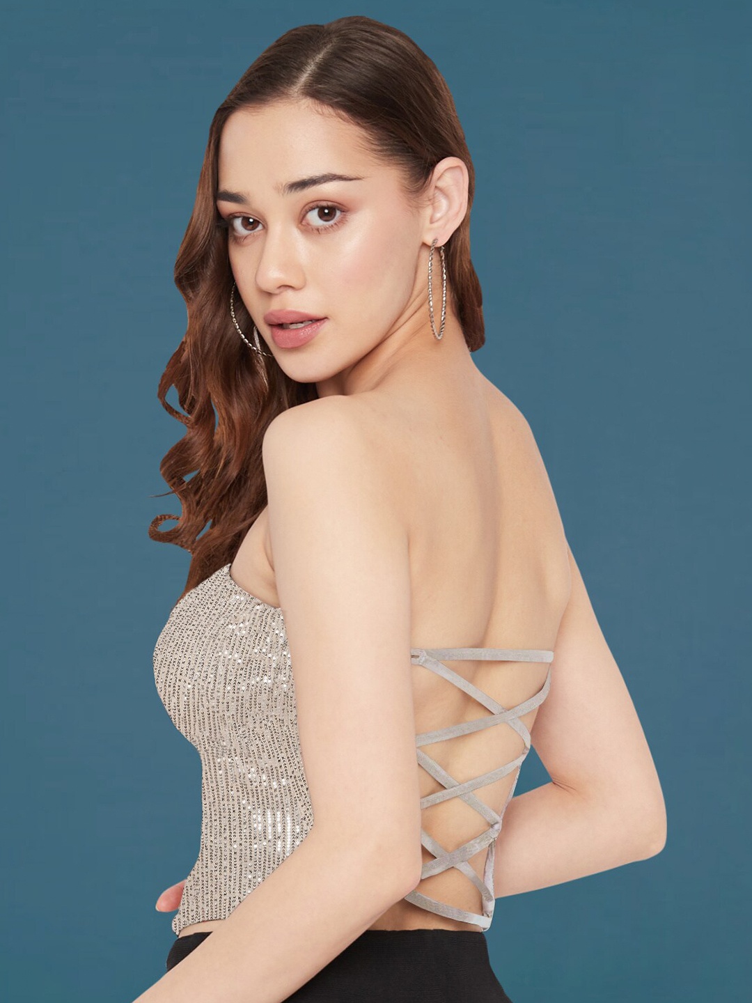 

Martini Strapless Sequined Embellished Tube Crop Top, Beige