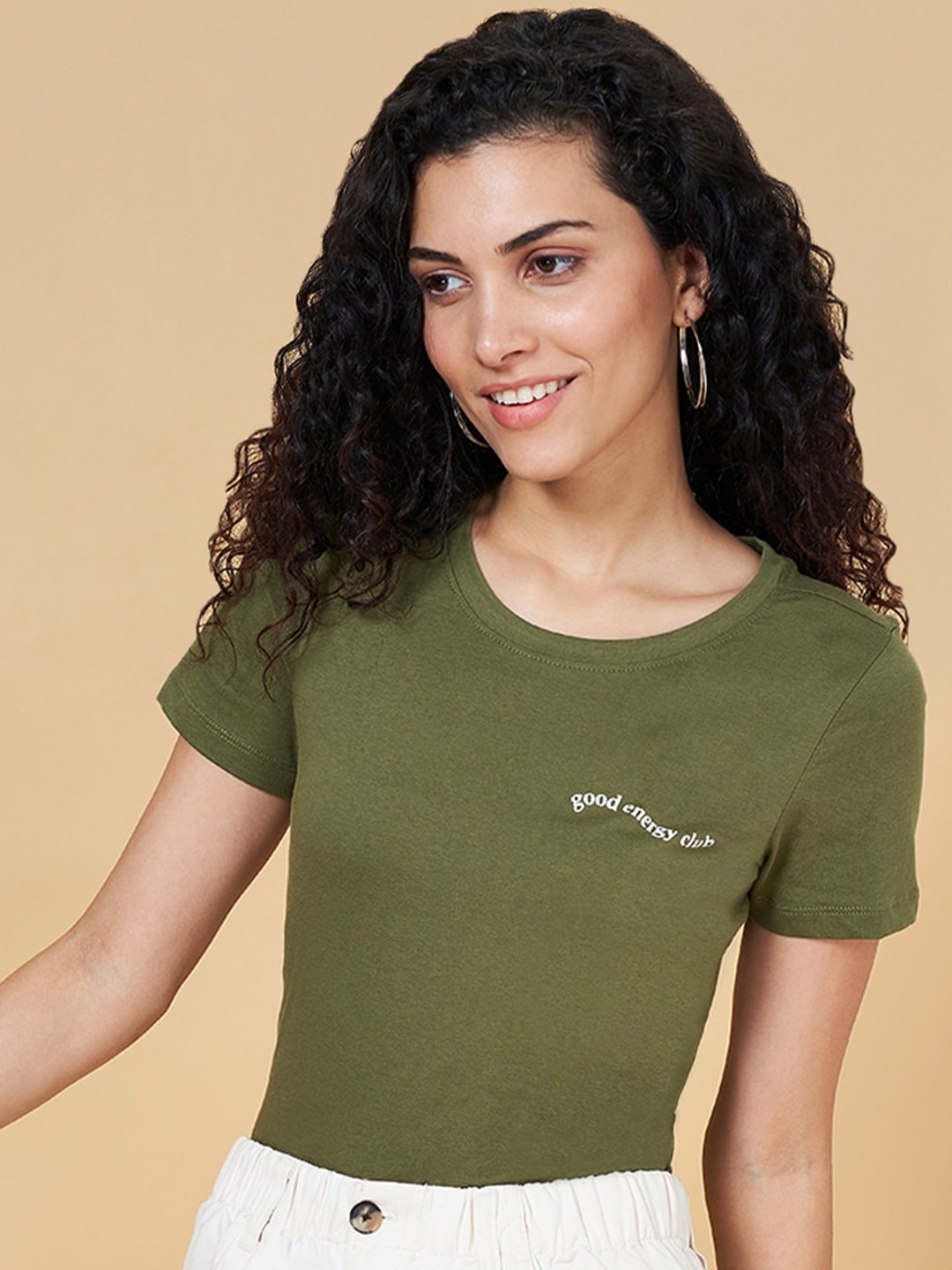 

Honey by Pantaloons Typography Printed Cotton T-Shirt, Olive