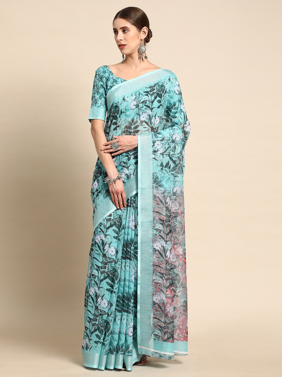 

all about you Blue & Pink Floral Printed Saree