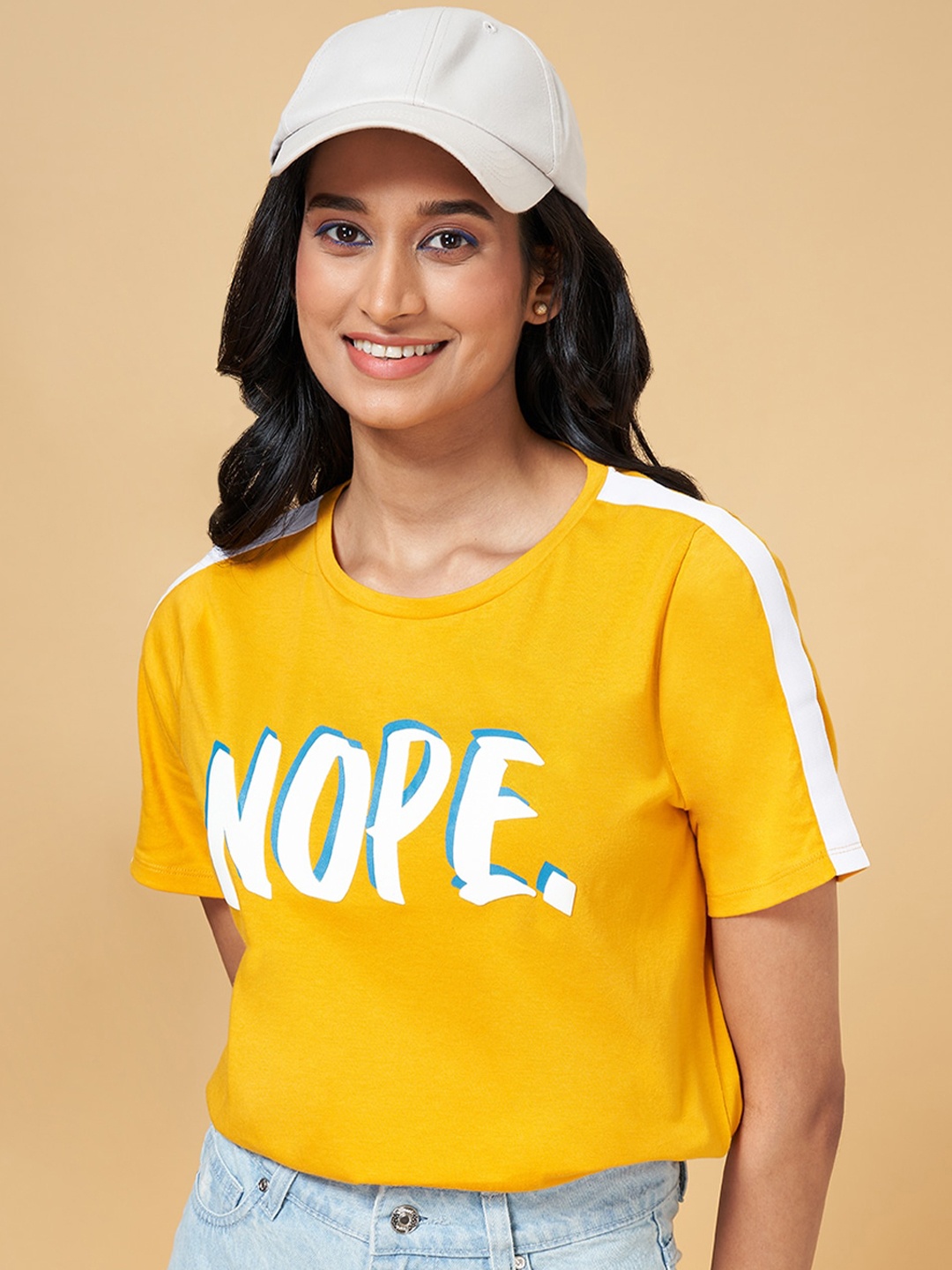 

People Yellow & White Typography Printed Cotton T-shirt