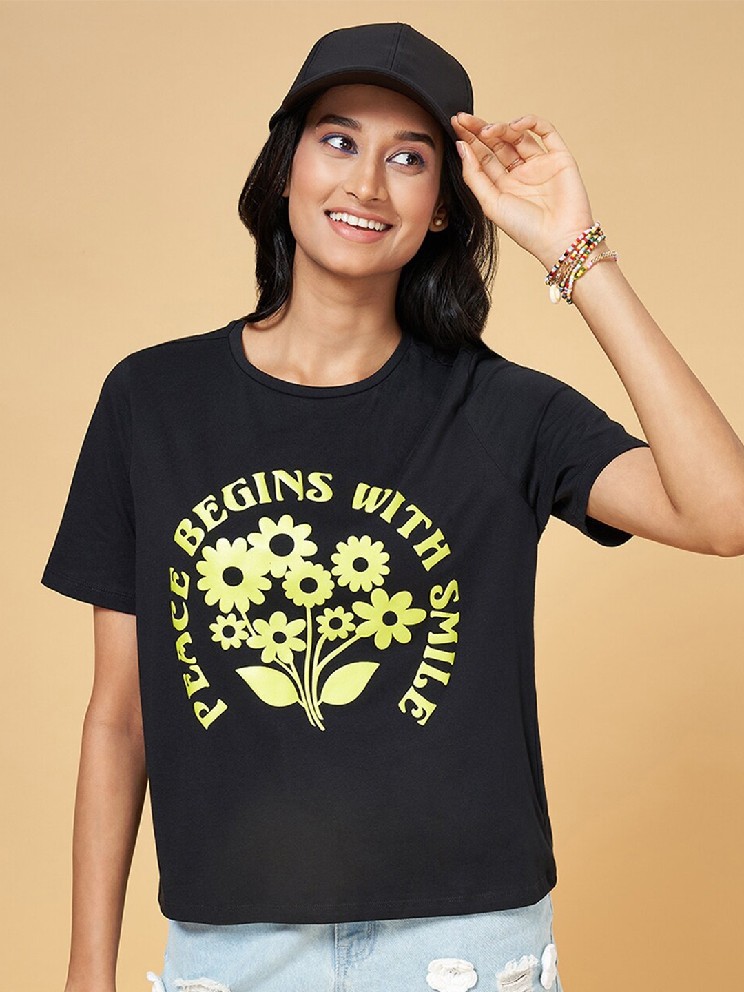 

People Black Floral Printed Cotton T-shirt