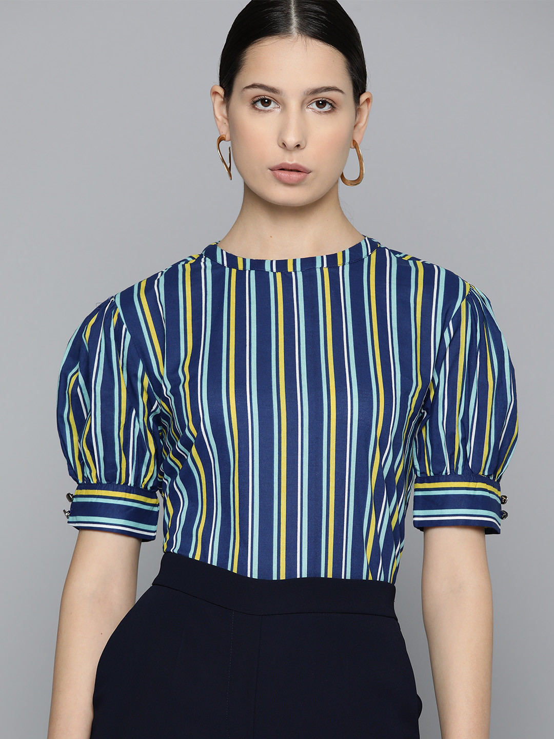 

Chemistry Striped Puff Sleeves Pure Cotton Top, Navy blue