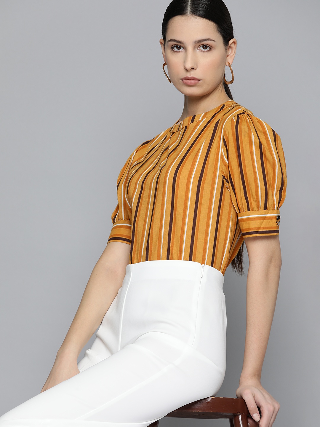 

Chemistry Striped Puff Sleeves Pure Cotton Top, Mustard