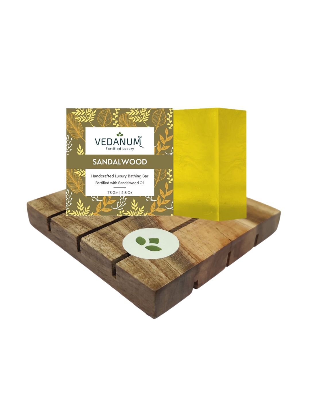 

VEDANUM Organic Mysore Sandalwood Soap With Handcrafted Natural Neem Wood Soap Stand 75gm, Grey
