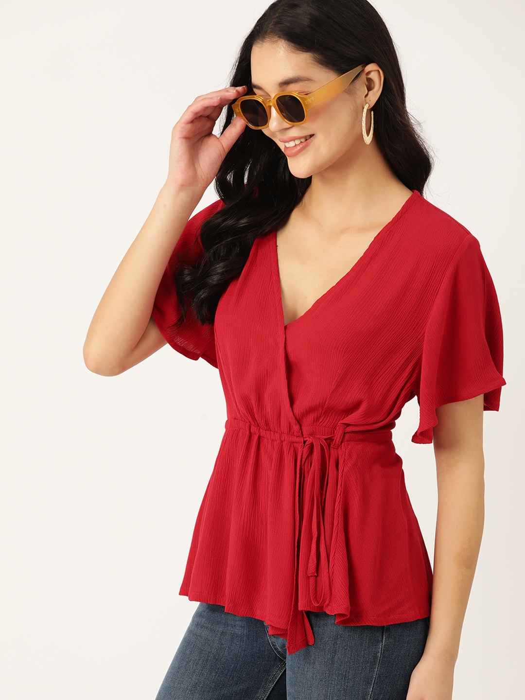 

DressBerry Flared Sleeve Crepe Wrap Top, Red