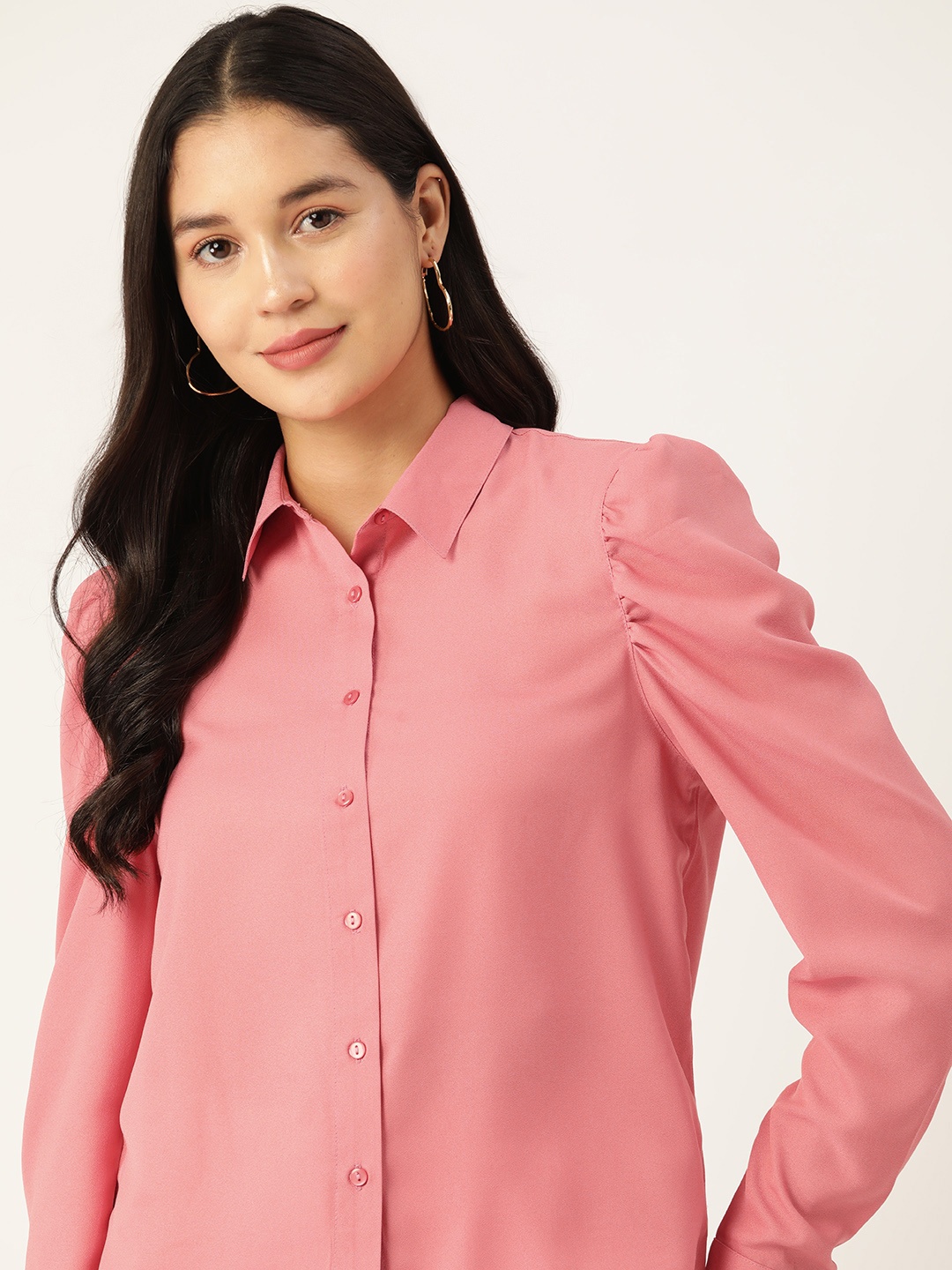 

DressBerry Puff Sleeve Shirt Style Top, Pink