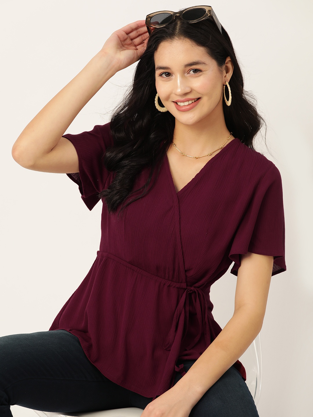 

DressBerry Flared Sleeve Crepe Wrap Top, Maroon