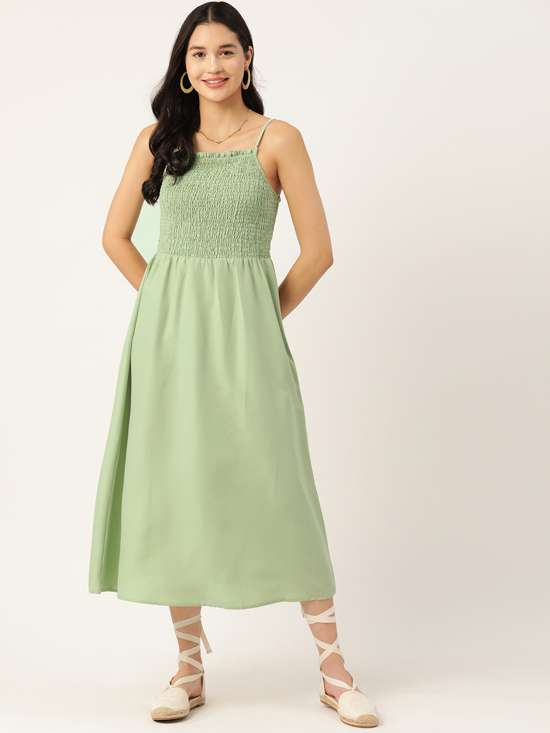 

DressBerry Smocked Fit & Flare Midi Dress, Green