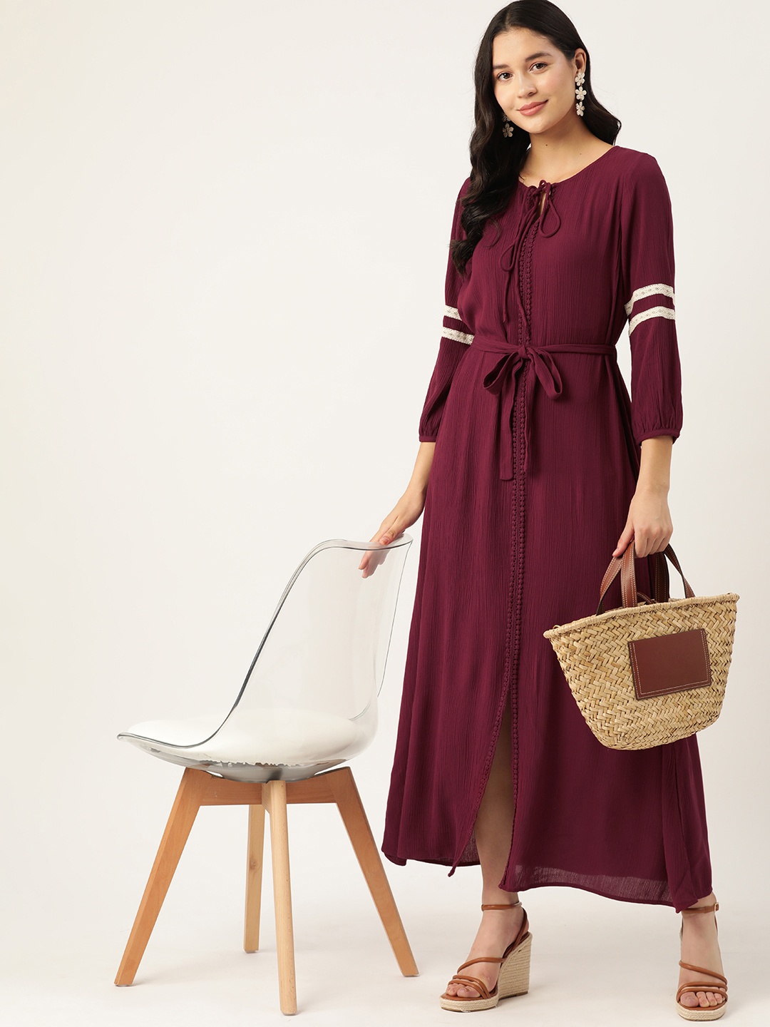 

DressBerry Tie-Up Neck Puff Sleeve Crepe A-Line Maxi Dress, Maroon