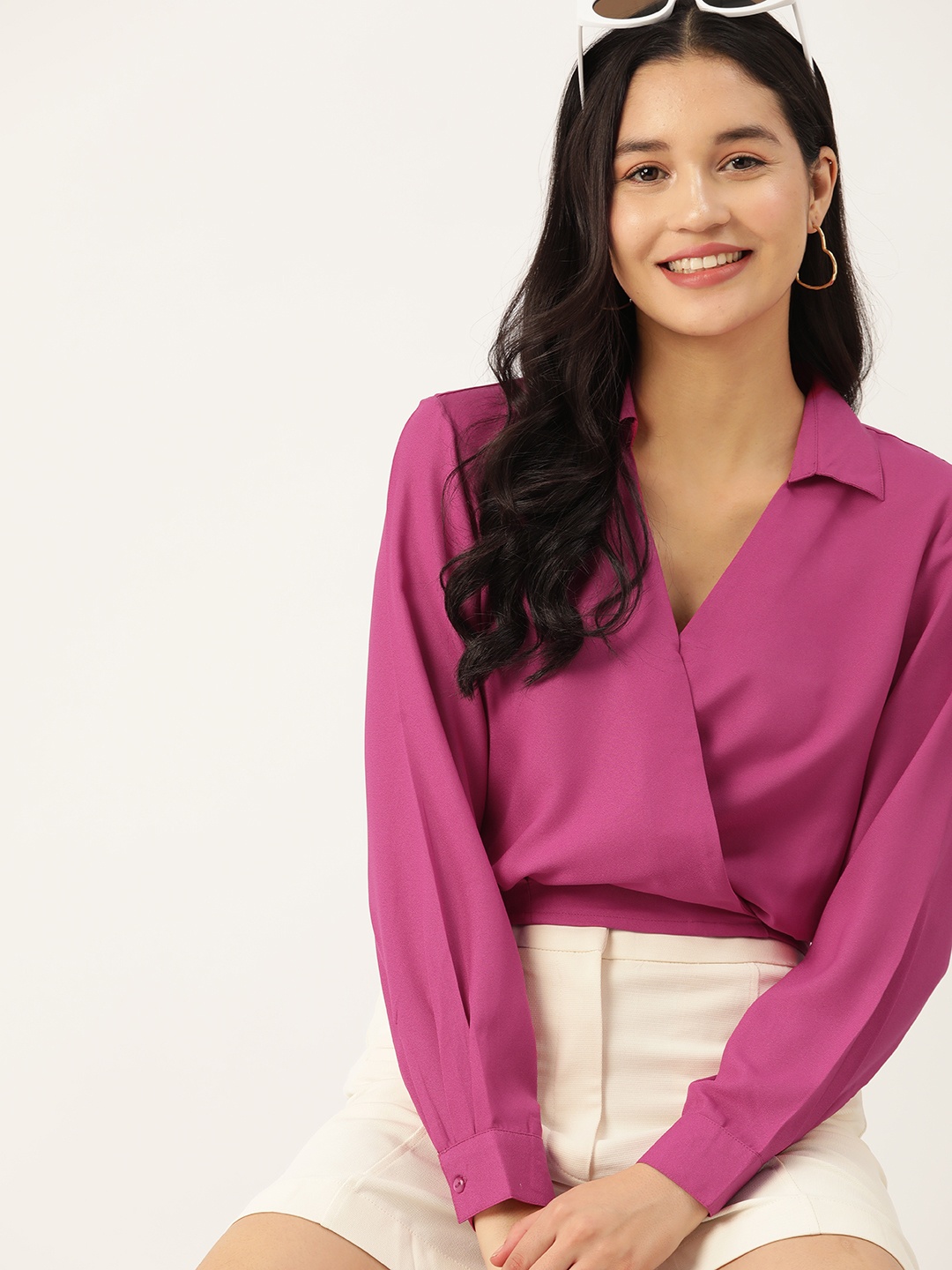 

DressBerry Puff Sleeve Wrap Top, Fuchsia