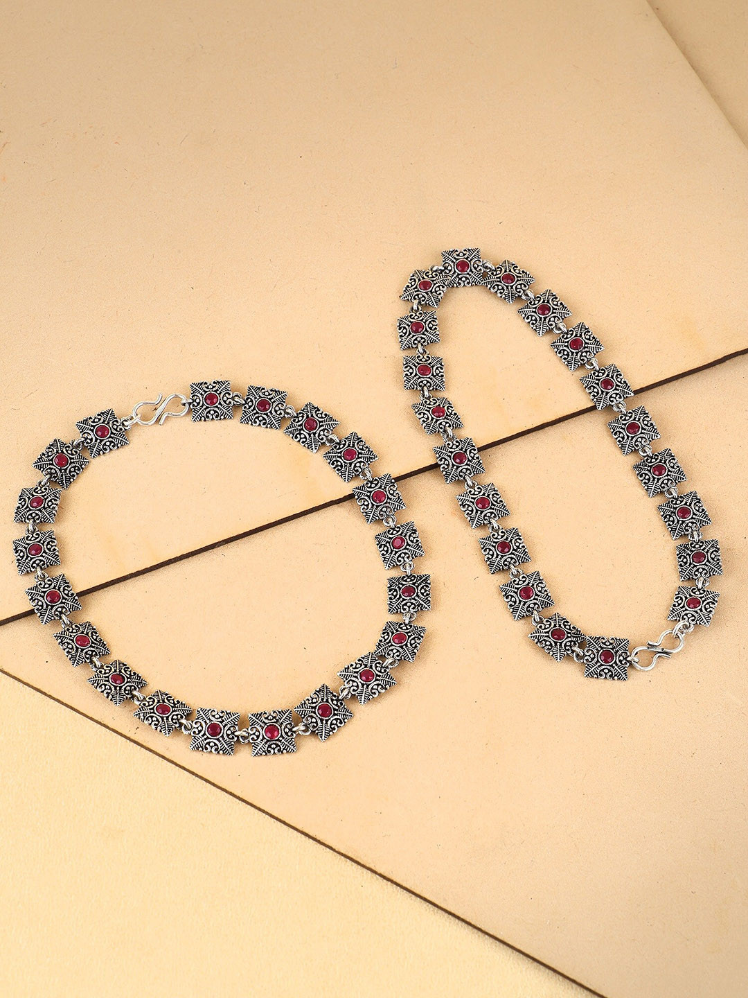 

Adwitiya Collection Set Of 2 Silver-Plated Stone-Studded & Beaded Anklets
