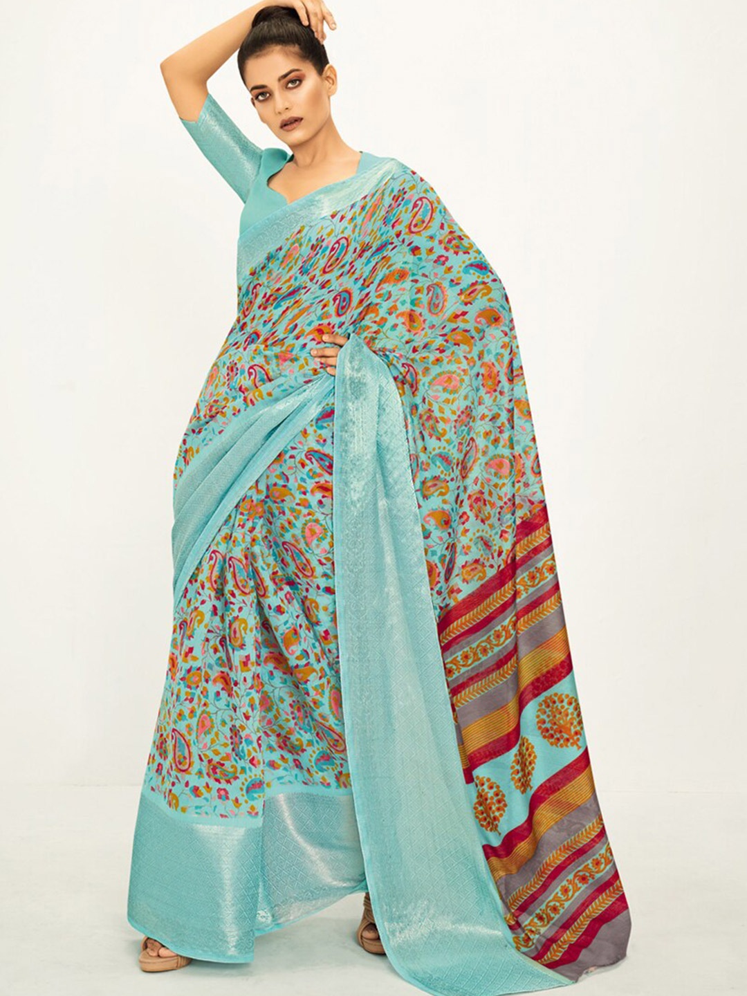 

DIVASTRI Paisley Printed Zari Saree, Sea green