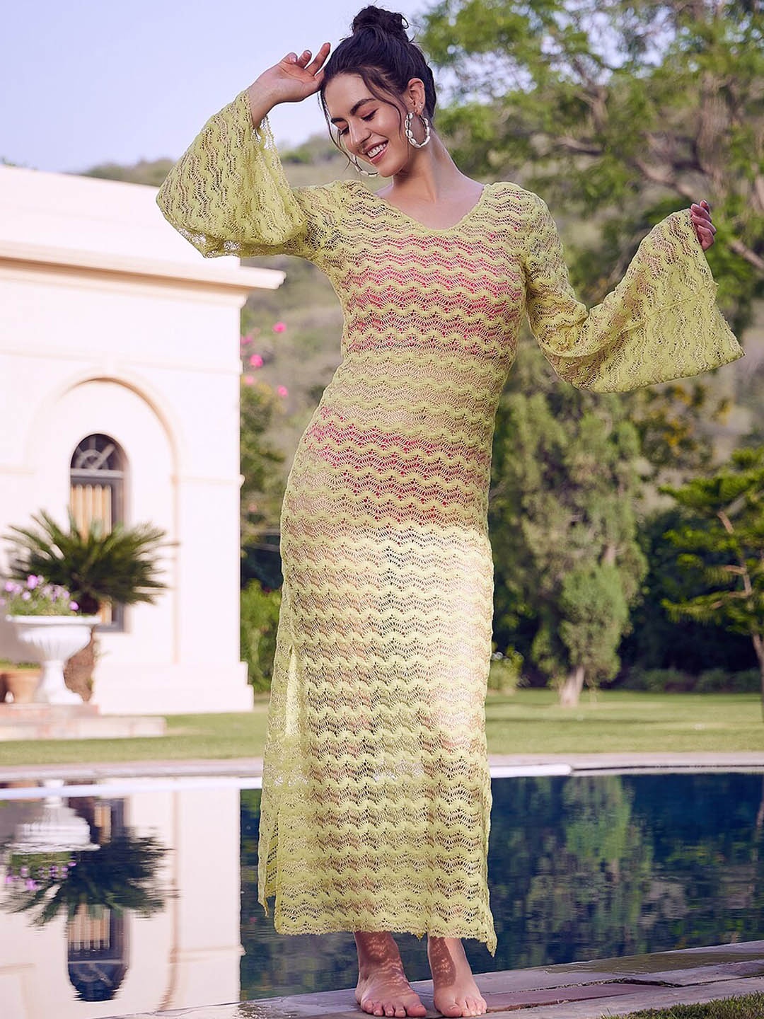 

Athena Green Geometric Self Design Lace Cover Up Dress