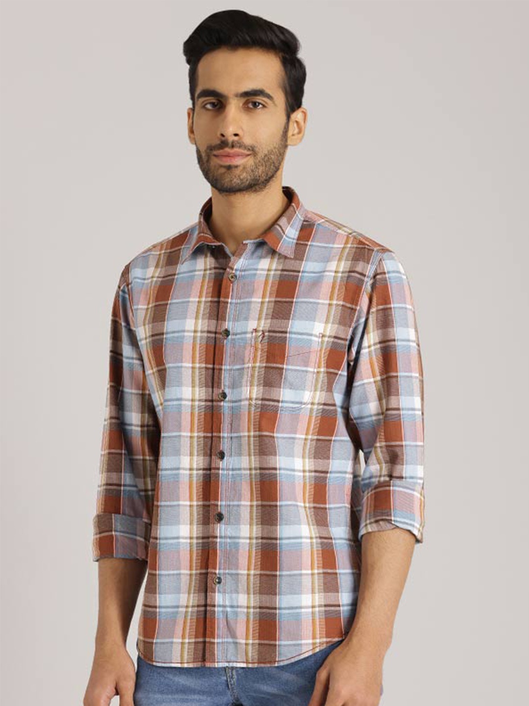 

Indian Terrain Chiseled Slim Fit Tartan Checked Pure Cotton Casual Shirt, Blue