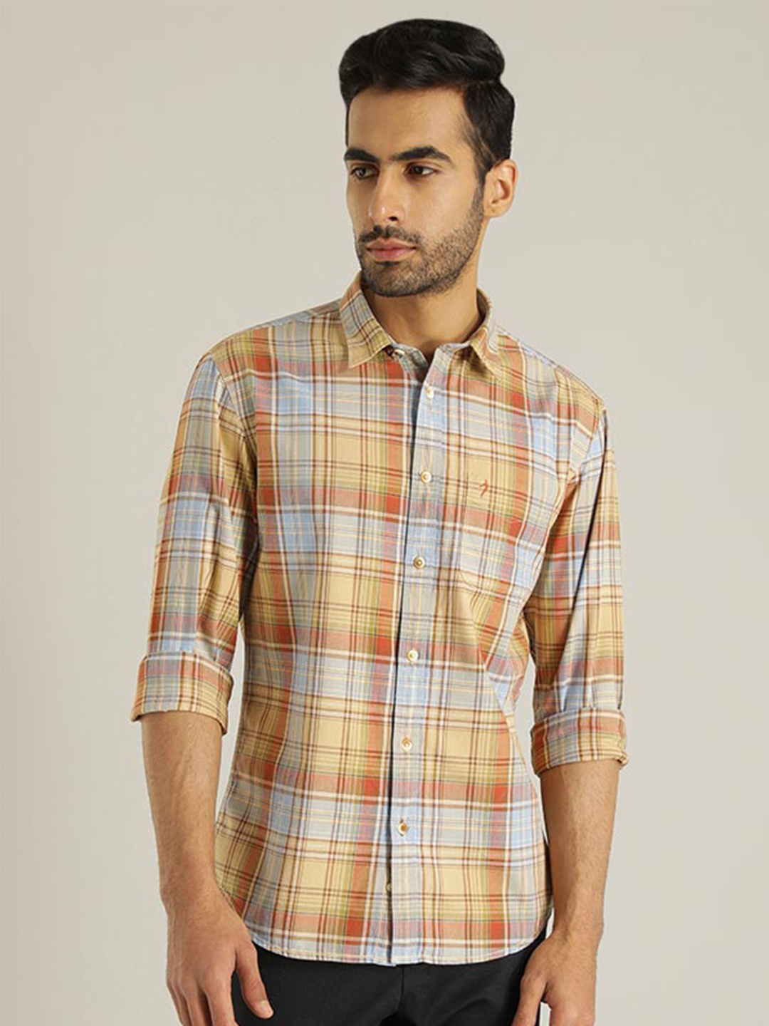 

Indian Terrain Chiseled Slim Fit Opaque Tartan Checked Pure Cotton Casual Shirt, Brown