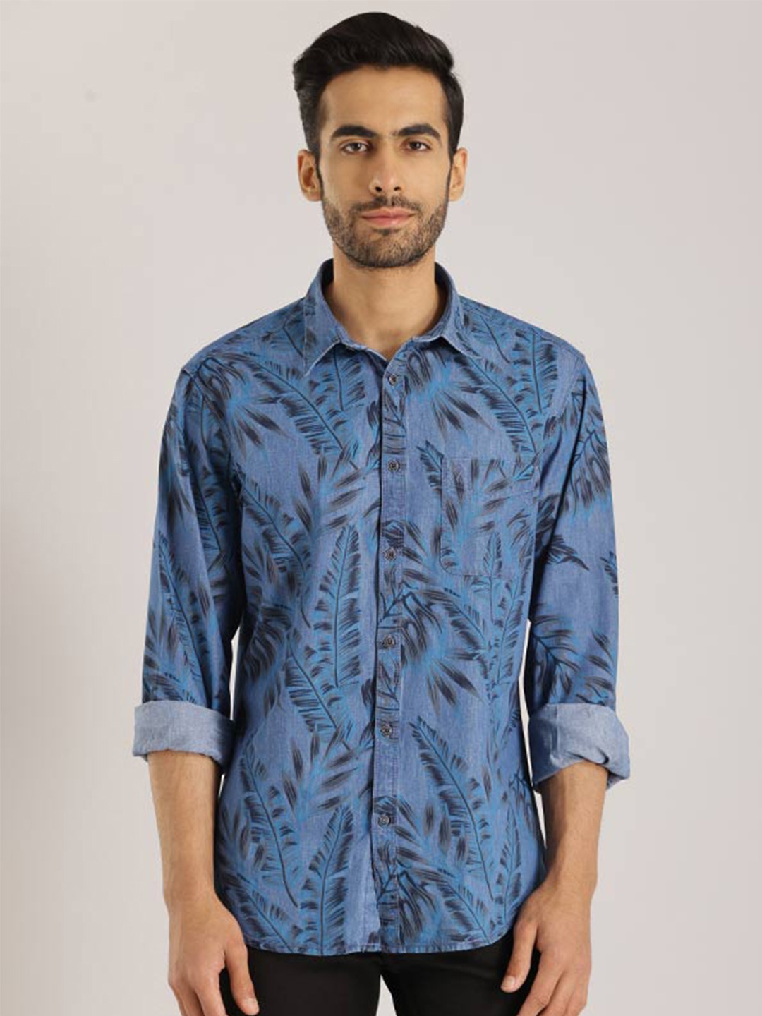 

Indian Terrain Chiseled Slim Fit Floral Printed Pure Cotton Shirt, Olive